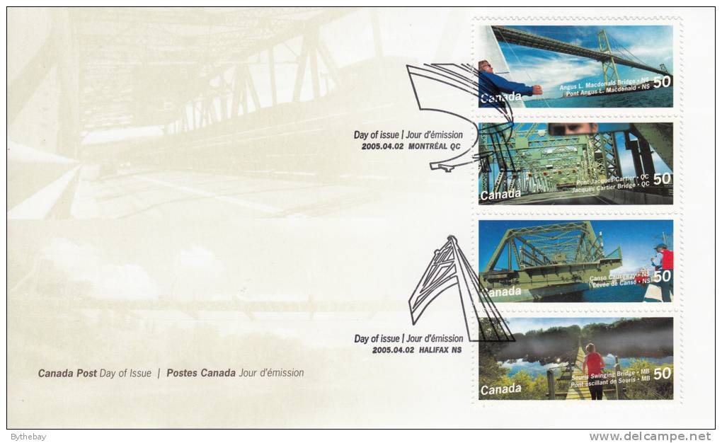 Canada FDC Scott #2103a Vertical Strip Of 4 50c Canadian Bridges - 2001-2010