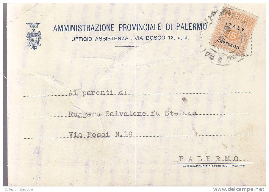 $-371- AMGOT Cent. 15 Cartolina Per Distretto Da Palermo X Città - Anglo-american Occ.: Sicily
