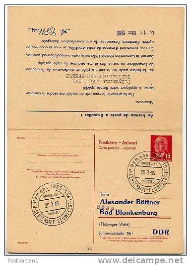 DDR  P 65 Antwort-Postkarte  ZUDRUCK #7  Stpl. HYMANS Brüssel 1965 - Private Postcards - Used