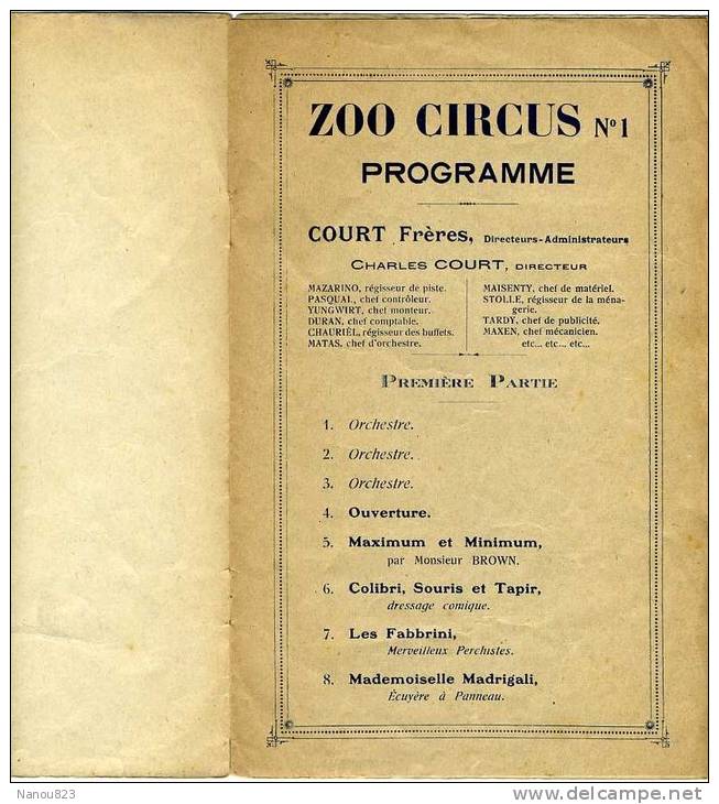 ASNIERES CIRQUE COURT Frères TOP RARE PROGRAMME OFFICIEL N° 1 ZOO CIRCUS BLUM SURESNES LATIL Dressage Perchiste Ecuyère - Programs