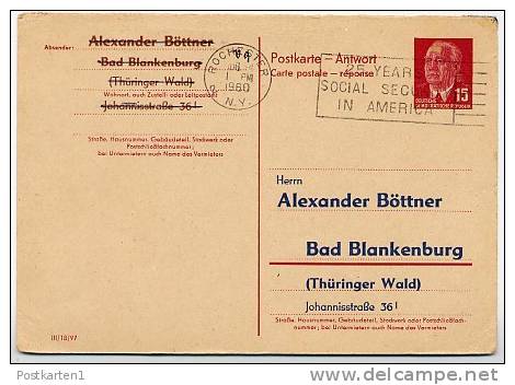 DDR P65A Antwort-Postkarte ZUDRUCK #1-2  Sost. SOCIAL SECURITY ROCHESTER USA 1960 - Cartes Postales Privées - Oblitérées