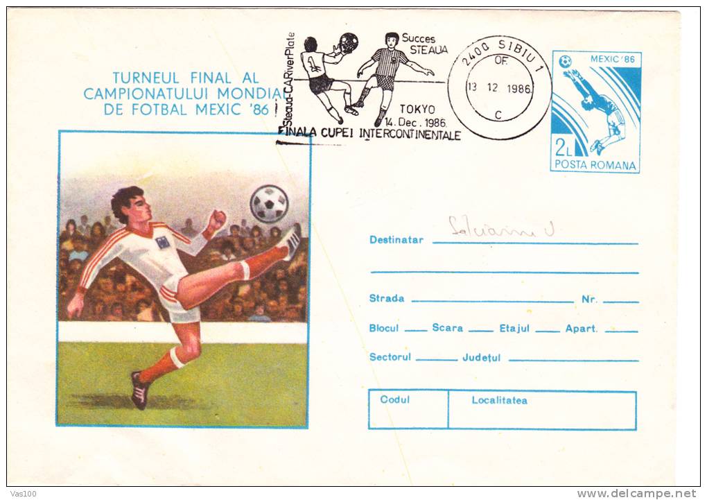 WORLD CHAMPIONSHIP FOOTBALL MEXIC, 1986, COVER STATIONERY, ENTIER POSTAL, OBLITERATION CONCORDANTE, ROMANIA - 1986 – Mexico