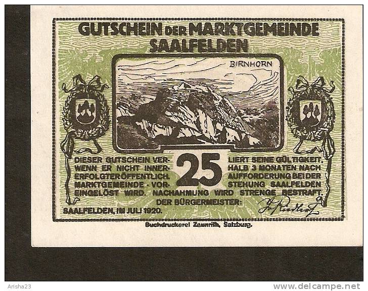 A44. Austria, Gutschein Der Marktgemeinde SAALFELDEN - 25 Heller 1920 - Birnhorn - Austria