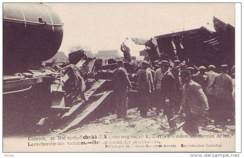 CONTICH = Terrible Accident De Chemin De Fer - La Recherche Des Victimes - Carte Animée  (1908) - Andere & Zonder Classificatie