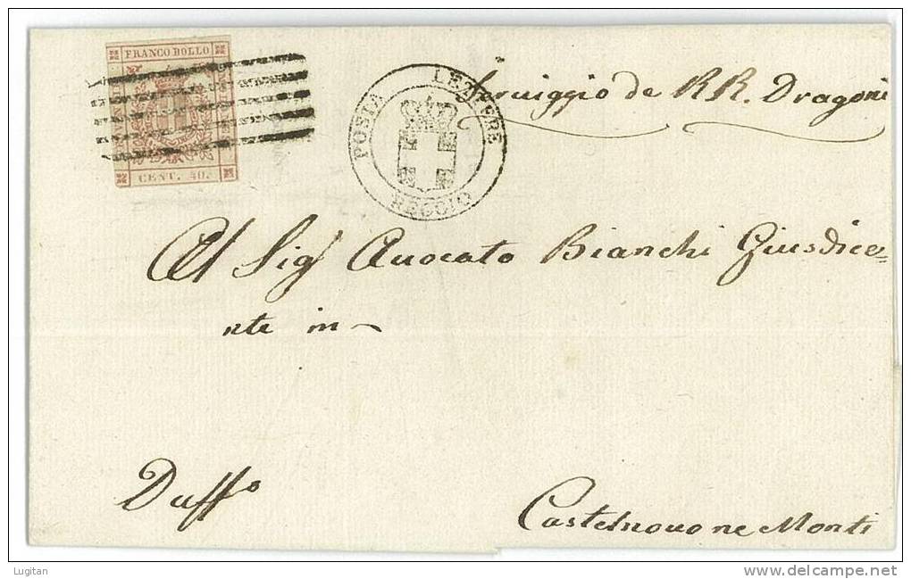 STORIA POSTALE  MODENA - GOVERNO PROVVISORIO SASS. 17 - 40 CENT. ROSA CARMINIO - LETTERA  DA REGGIO EMILIA PER SEGUE... - Modène