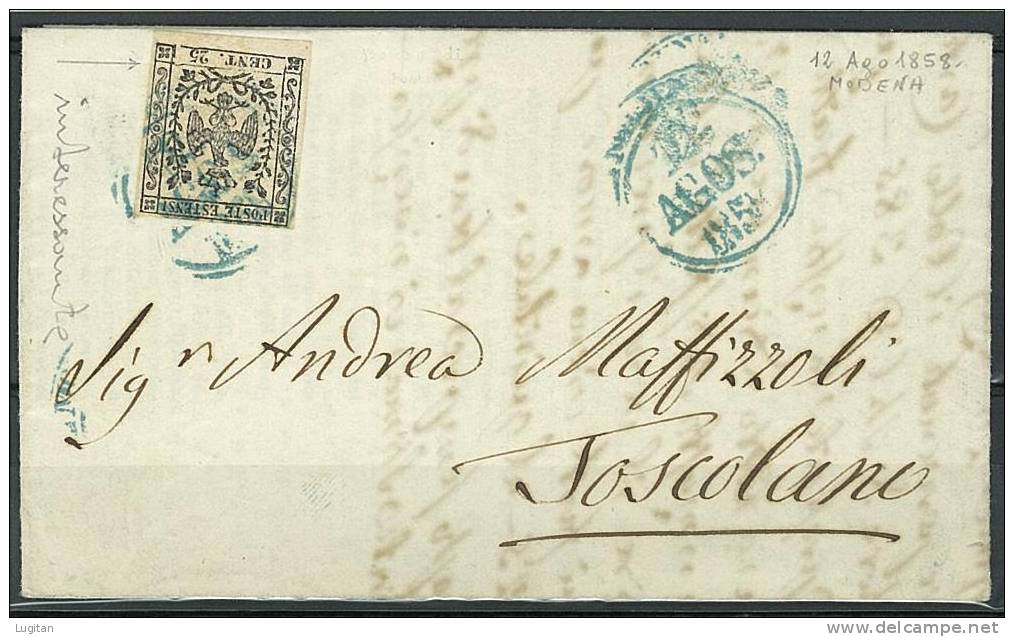 STORIA POSTALE - MODENA -  SASS. 4 - 25 CENT. CAMOSCIO CHIARO - LETTERA  LISTINO DA MODENA PER TOSCOLANO - Modène