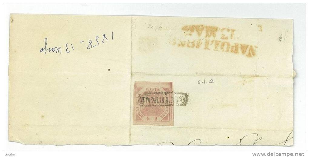 STORIA POSTALE - NAPOLI -  SASS. 6d - 2 GRANA  II° TAV. CARMINIO MATTONE - II° SCELTA - RARO FRAMMENTO DATA 1858 - Naples