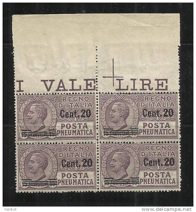 V.E.III CENT.20 SU 15 MNH QUARTINA BORDO DI FOGLIO DISCRETA CENTRATURA - Poste Pneumatique