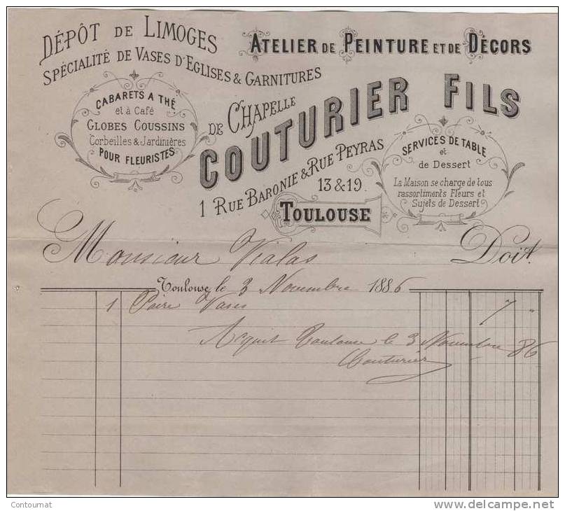 31 TOULOUSE Dépot De LIMOGES ATELIER De PEINTURE Et De DECORS  Vases D´ églises COUTURIER Fils  1886 Rue BARONIE  - K1 - 1800 – 1899