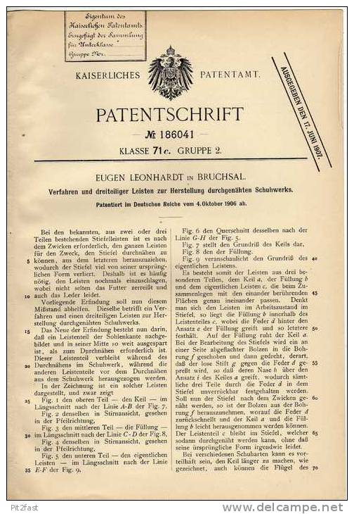 Original Patentschrift - E. Leonhardt In Bruchsal , 1906 , Durchgenähtes Schuhwerk , Schuhe , Schuster !!! - Boeken