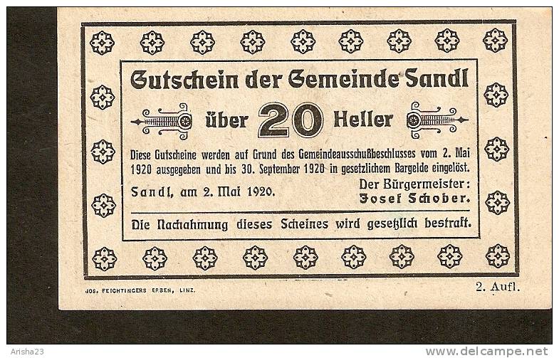 A44. Austria, Gutschein Der Gemeinde SANDL - 20 Heller 1920 - 2 Auflage - Austria