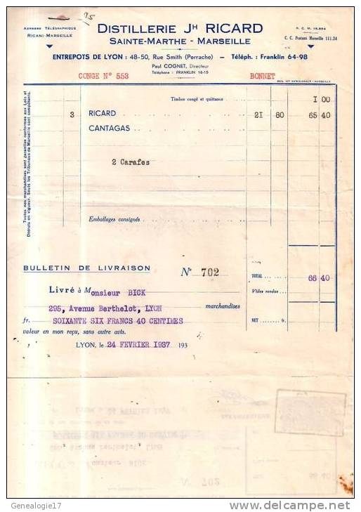 13 - 1277 MARSEILLE 1937 DISTILLERIE SAINTE MARTHE J.H RICARD ( Pastis Distilleries ) 48 - 50 Rue Smith ( Perrache ) - Alimentare