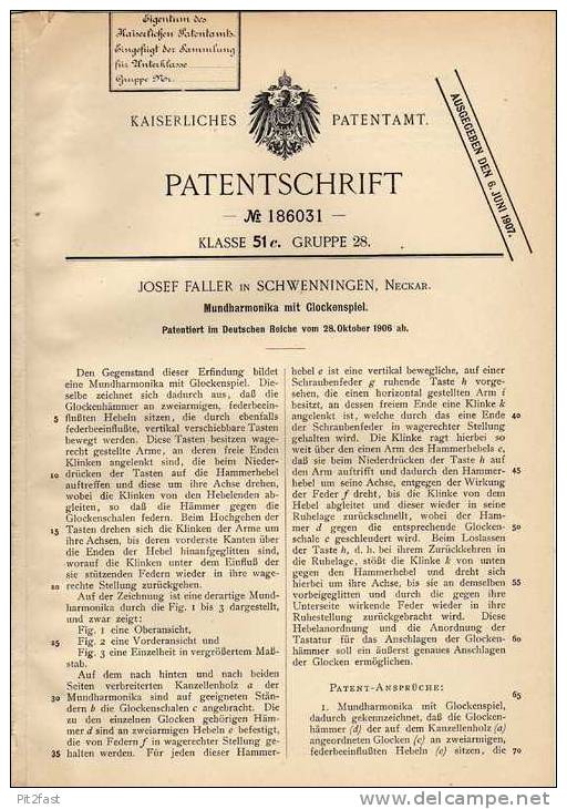 Original Patentschrift - J. Faller In Schwenningen , Meckar , 1906 , Mundharmonika Mit Glockenspiel !!! - Muziekinstrumenten