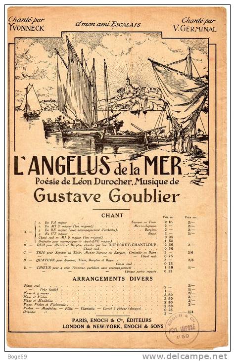 (c) Chanson :L´angelus De La Mer , GUSTAVE GOUBLIER, Chanté Par V Germinal , Yvonneck - Partitions Musicales Anciennes