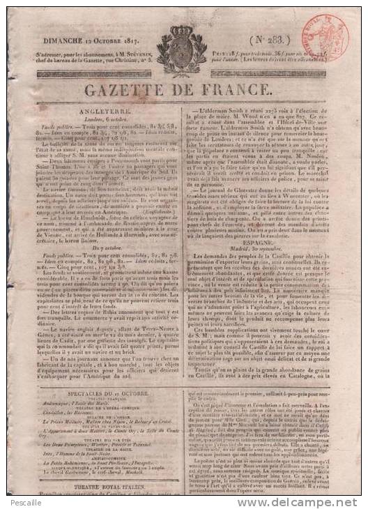 GAZETTE DE FRANCE 12 10 1817 - LONDRES - MADRID - THEATRE ROYAL ITALIEN - VIENNE - PRUSSE - CAEN - HISTOIRE DE ST LOUIS - 1800 - 1849