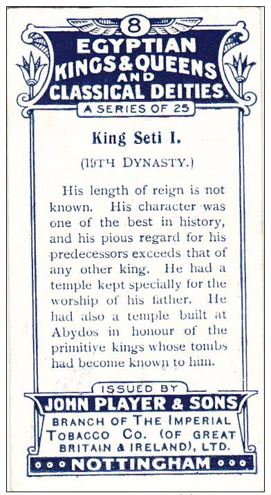 PLAYERS EGYPTIAN KINGS &amp; QUEENS AND CLASSICAL DEITIES CARD No 08 KING SETI - Player's