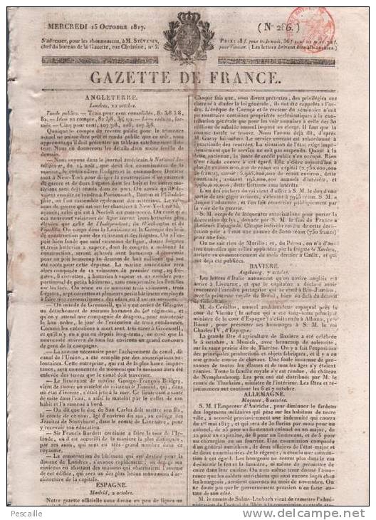 GAZETTE DE FRANCE 15 10 1817 - LONDRES - MADRID - MAYENCE - LYON - ALBI - GLOUCESTER SERPENT MARIN - CREDIT PUBLIC - 1800 - 1849