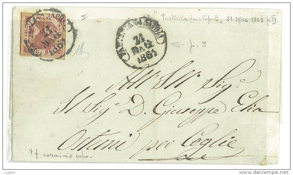 STORIA POSTALE - NAPOLI -  SASS. 7 F -  2 GRANA  CARMINIO CUPO III° TAV. -  LETTERA PER CEGLIE  DA NAPOLI - Neapel