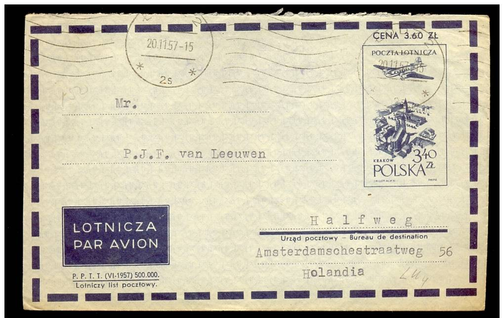 COVER / AIRLETTER * POSTAL STATIONERY POLAND SENT TO HOLLAND * 1957 - Storia Postale