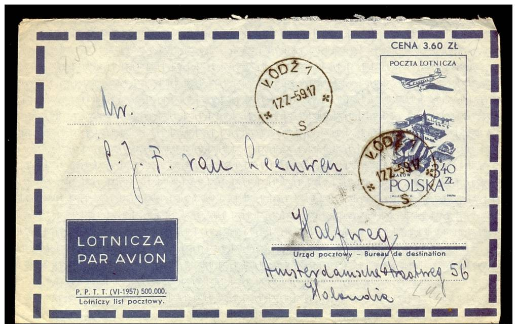 COVER / AIRLETTER * POSTAL STATIONERY POLAND SENT TO HOLLAND * 1959 - Storia Postale