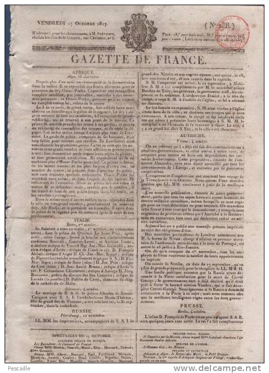 GAZETTE DE FRANCE 17 10 1817 - ALGER - VIENNE - CURACAO - LAON - ANNIVERSAIRE EXECUTION MARIE ANTOINETTE - JEANNE D'ARC - 1800 - 1849