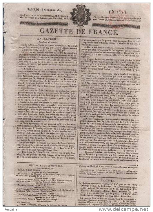 GAZETTE DE FRANCE 18 10 1817 - SOLITUDE - LONDRES - SAXE - LUBECK - MONSTRE MARIN -  - NOISY LE SEC - 1800 - 1849