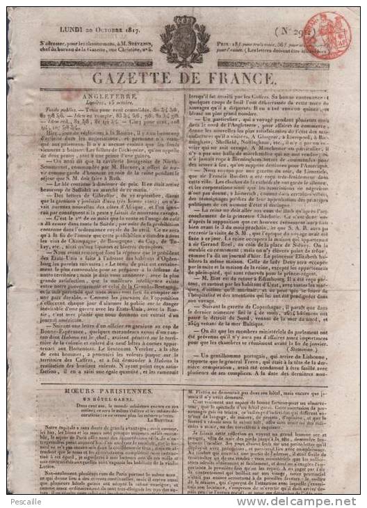 GAZETTE DE FRANCE 20 10 1817 - HOTEL GARNI PARIS RUE DE RICHELIEU - LONDRES - TURQUIE - SAINT QUENTIN 02 - - 1800 - 1849