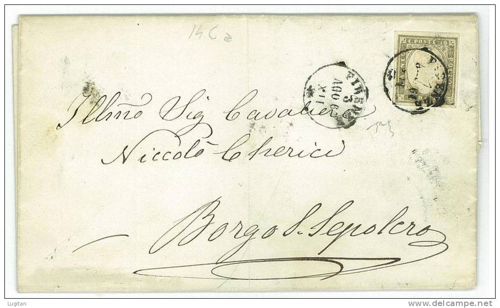 STORIA POSTALE - SARDEGNA -  SASS. 14 Ca - 10 CENT. GRIGIO OLIVASTRO SCURO - DA FIRENZE PER BORGO SAN SEPOLCRO - Sardegna