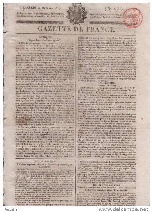 GAZETTE DE FRANCE 22 10 1817 - AFRIQUE DU SUD - THEATRE FRANCAIS - STRASBOURG - LILLE TOURCOING - PORT AU PRINCE HAÏTI - 1800 - 1849