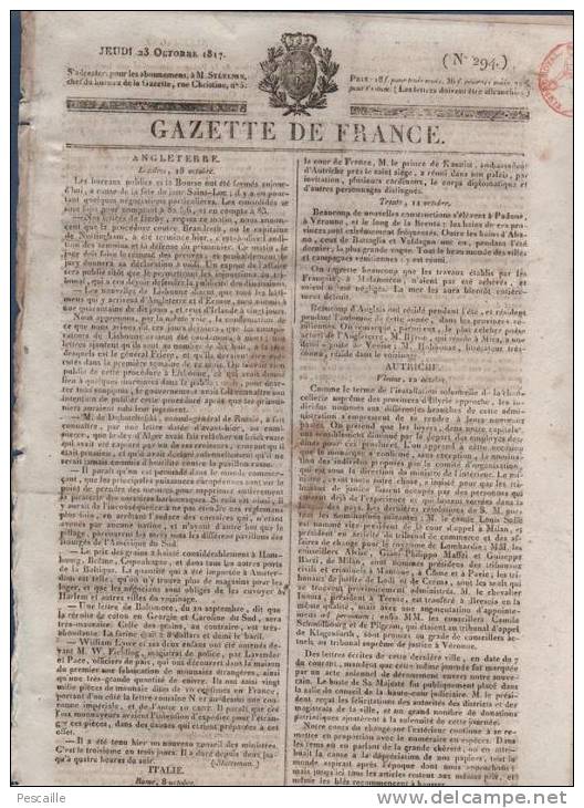 GAZETTE DE FRANCE 23 10 1817 - LONDRES - AUTRICHE - VENISE - SUISSE - ROUEN - ACADEMIE ROYALE MUSIQUE - THEATRE FRANCAIS - 1800 - 1849