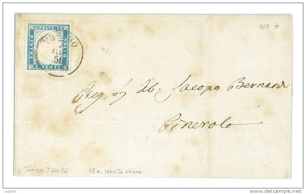 STORIA POSTALE - SARDEGNA -  SASS. 15a  - 20 CENT. COBALTO CHIARO  - DA TORINO PER PINEROLO  1856 - Sardegna