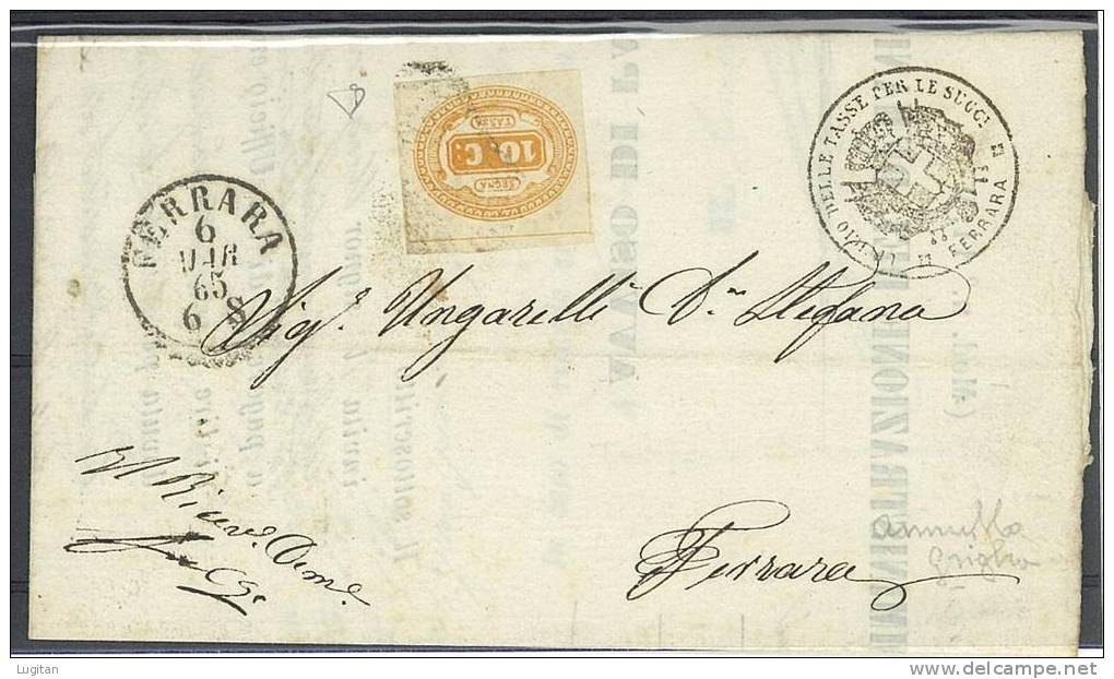 STORIA POSTALE - ITALIA REGNO -  SASS. S.T. 1 - 10 CENT. GIALLO  - FERRARA CITTA' - TASSE PER POSTA - Storia Postale