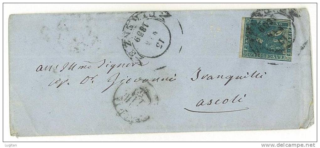 STORIA POSTALE - TOSCANA  -  SASS. 15 B - AZZURRO CUPO  LETTERA - PER ASCOLI - Toscane