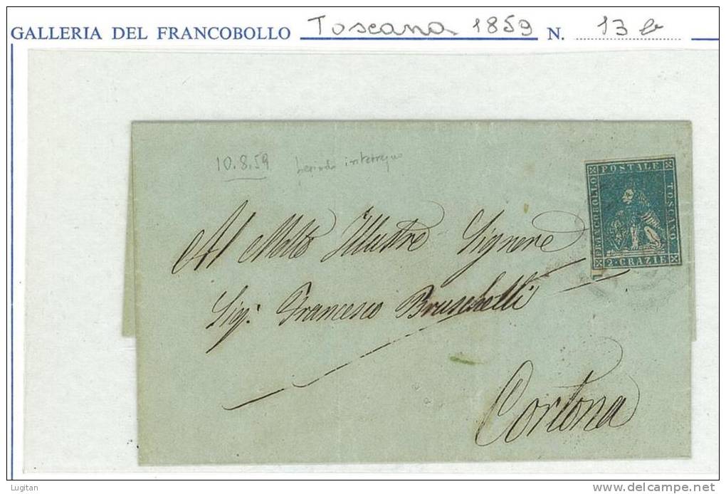 STORIA POSTALE - TOSCANA  -  SASS. 13 B  - 2 CRAZIE  VERDE GRIGIO GIALLASTRO - PER CORTONA - Toscane