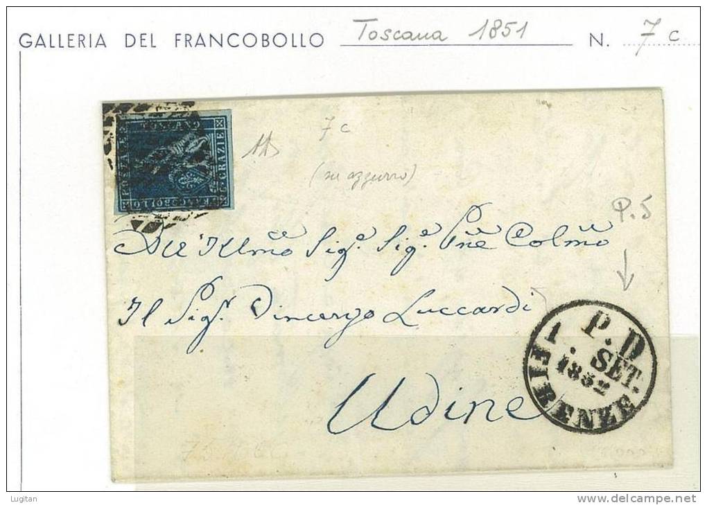 STORIA POSTALE - TOSCANA  -  SASS. 7 C  - 6 CRAZIE  AZZURRO SCURO SU AZZURRO - PER UDINE - Toscane