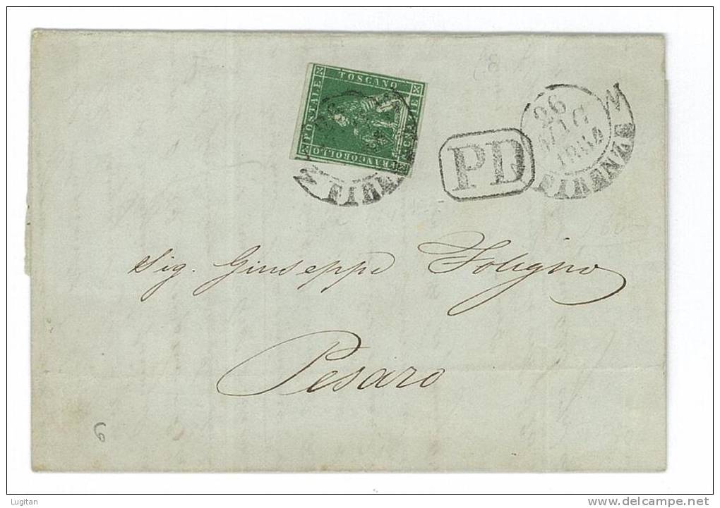 STORIA POSTALE - TOSCANA  -  SASS. 6  - 4 CRAZIE  VERDE SU GRIGIO - LETTERA PER PESARO - Toscane