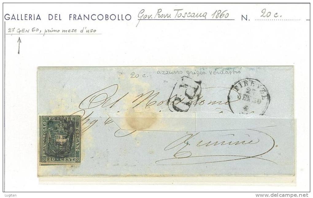 STORIA POSTALE  GOVERNO PROVVISORIO TOSCANA  -  SASS. 20 - 20 CENT.  AZZURRO - LETTERA PER RIMINI  - PRIMO MESE D'USO - Toscane