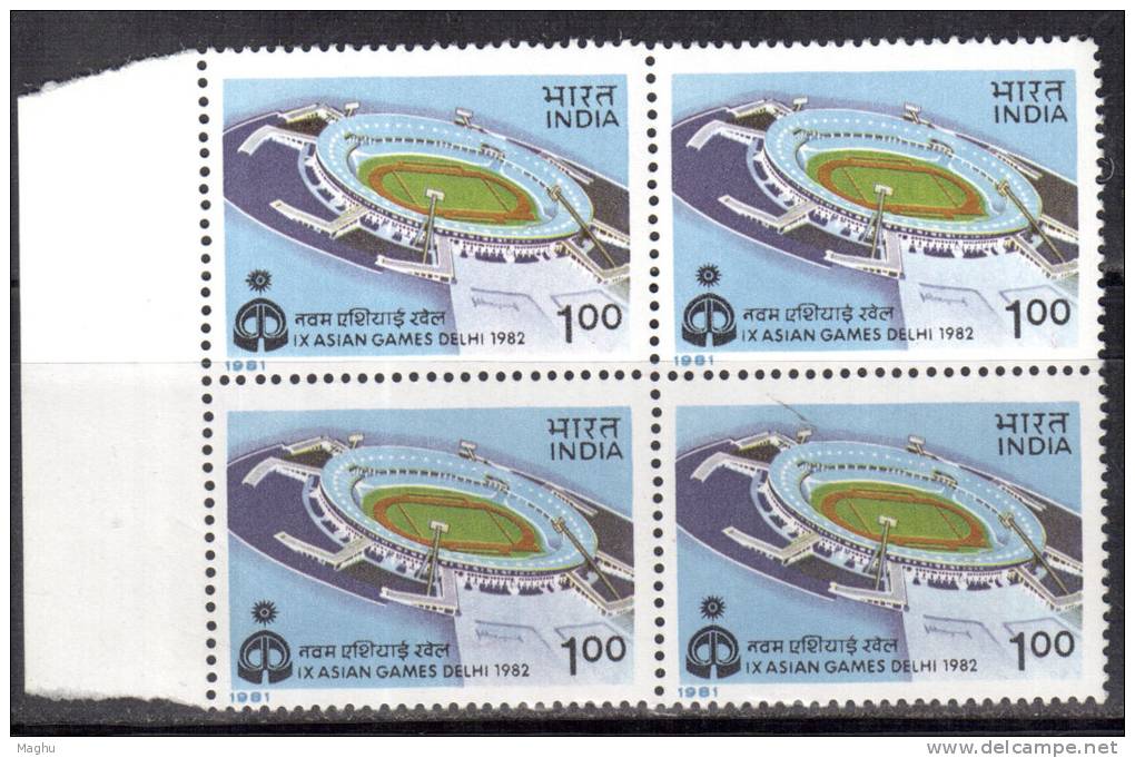 India MNH 1981, Block Of 4, Asian Games, Nehru Stadium, Sport, - Blokken & Velletjes