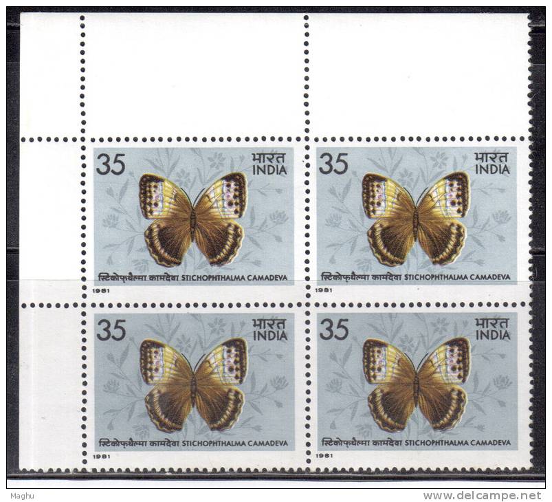 India MNH 1981, Block Of 4, 35p Butterflies, Butterfly, Insect - Blokken & Velletjes