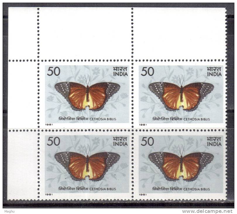 India MNH 1981, Block Of 4, 50p Butterflies, Butterfly, Insect - Blokken & Velletjes