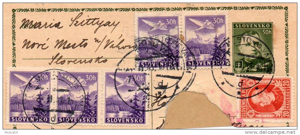 Slovakia 1941,  Nove Mesto N Vahom,  Postal Stationery Card,  Upper Half With 6 Stamps, Interesting - Storia Postale