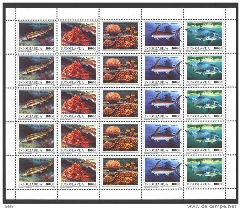 Yugoslavia 1993 Protected Animals – Sea Creatures In Full Sheet Of 20 Stamps + 5 Labels (5 Sets) MNH, 2 X; Mi.2589-92 - Blocks & Sheetlets