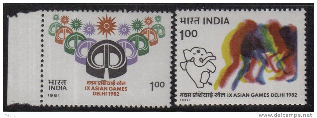 India MNH 1981, Set Of  2 Asian Games., Logo, Hockey Players., Mascot Elephant ´Appu´, - Ungebraucht