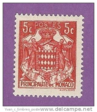 MONACO TIMBRE N° 157 NEUF SANS CHARNIERE ARMOIRIES 5C ROUGE - Neufs