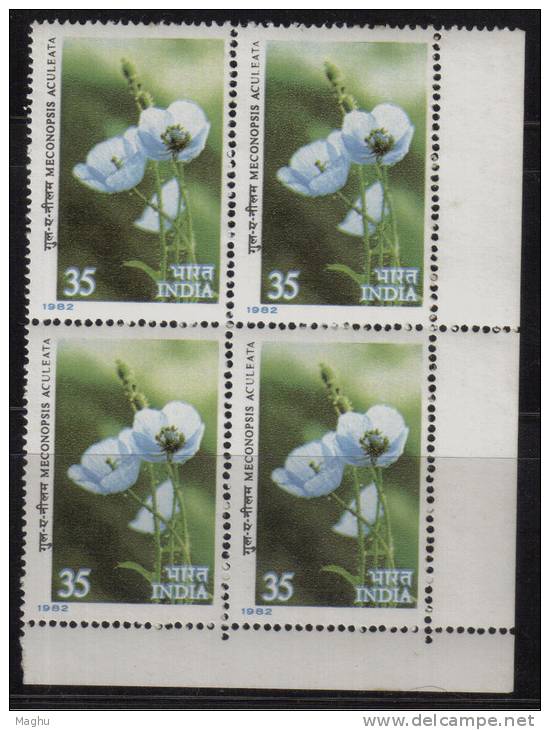 India MNH 1982, Block Of 4, 35p Himalayan Flowers Series, Flower Blue Poppy, (Cond., Few Brown Spots @ Back) - Blokken & Velletjes