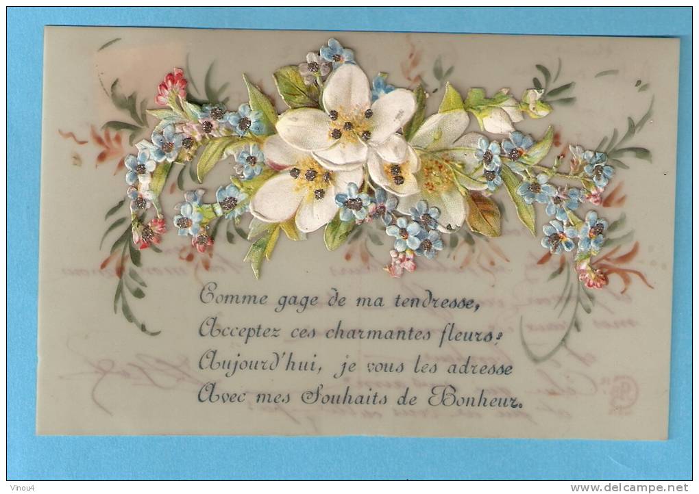 CPA - Carte Celluloïd Et Ajouts-fleurs Et Texte -paillettes - Other & Unclassified