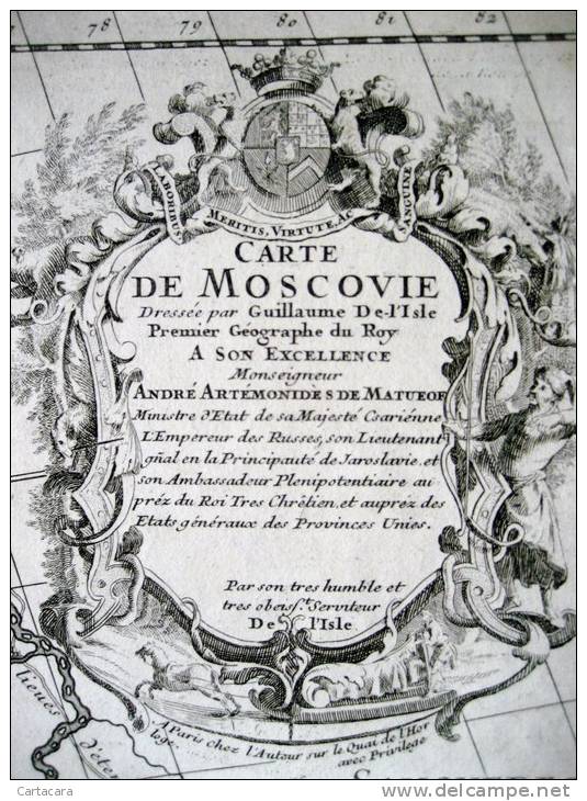 CARTE GEOGRAPHIQUE DE MOSCOVIE-MOSCOU-RUSSIE PAR G. DE L´ISLE, 1706 (VOIR SCANS) - Mapas Geográficas