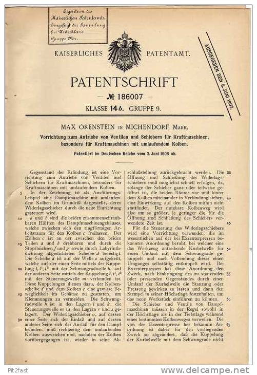 Original Patentschrift - M. Orenstein In Michendorf , 1906 , Antrieb Für Ventile Von Kraftmaschinen , Motor !!! - Historische Dokumente