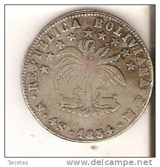 MONEDA DE PLATA DE BOLIVIA DE 4 SOLES DEL AÑO 1854  (COIN) SILVER,ARGENT. - Bolivia