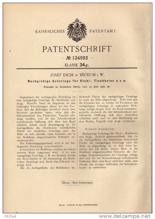 Original Patentschrift - J. Esch In Beckum I.W. , 1900 , Stuhl Und Tischbeine , Unterlage !!! - Sonstige & Ohne Zuordnung